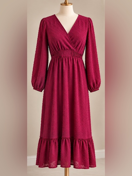 Lucky Brand Dresses & Skirts - Lucky Brand Raspberry Swiss Dot Midi Dress Size M Long Sleeve